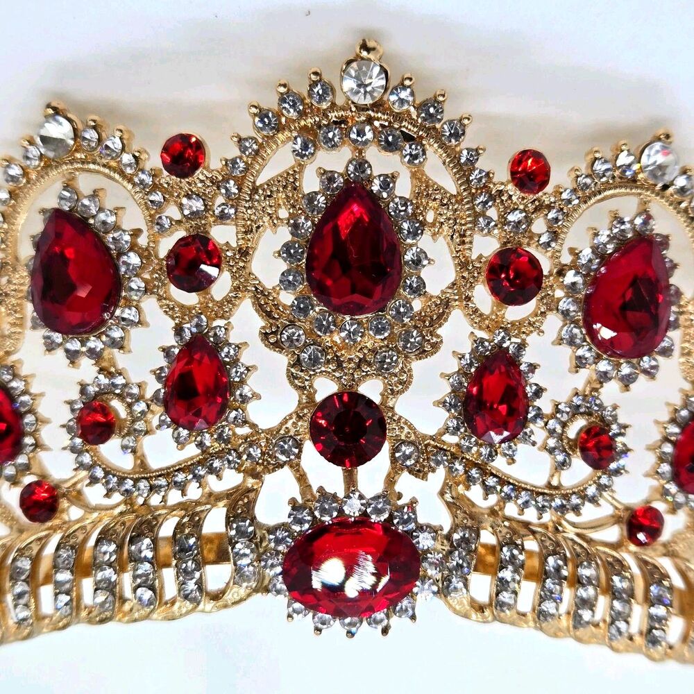 Gold Queen Tiara Crown Red Rhinestones Medieval Renaissance Costume Headpiece - Picture 3 of 8